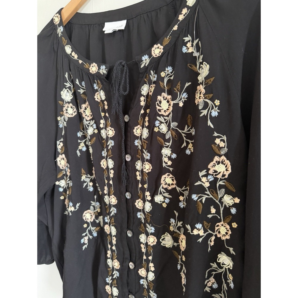 J Jill Black Floral Embroidered Boho Top: Flowy Country Cottage Cottagecore L - Picture 3 of 9
